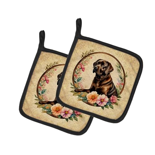 Caroline's Treasures Chocolate Labrador Retriever and Flowers Pair of Pot Holders Kitchen Heat Resistant Pot Holders Sets Oven Hot Pads for Cooking Baking BBQ, 7 1/2 x 7 1/2
