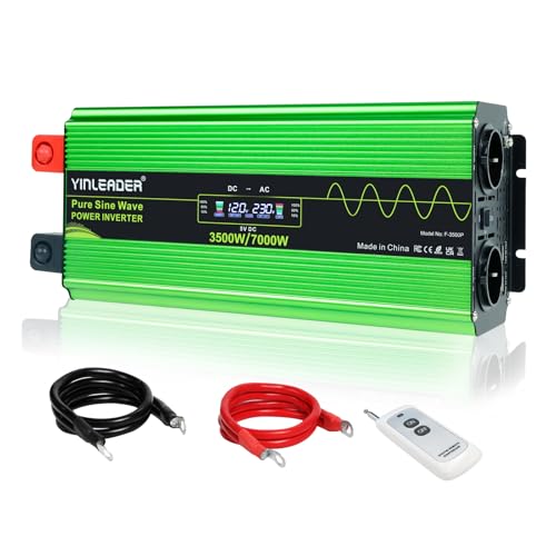 Yinleader Wechselrichter 7000W Spannungswandler Reine Sinuswelle 12V 230V mit 2 Eurosteckdosen und 4 USB Spannungsanzeige