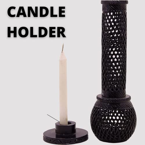 Kc Kullicraft Marble Soapstone Black Incense Stick Burner | Candle Stick Holder | Tea Light Stand - Handmade Round Jaali Carving For Gifting. Decorative Home And Office Decor - (2.5 X 2.5 X 10 Inches) #TOP2