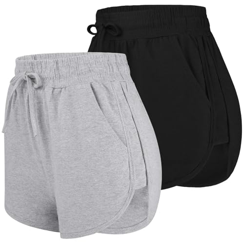 URATOT Yoga-Shorts aus Baumwolle, für Damen, Sommer, Laufen, Fitnessstudio, Sport, Taillenbund mit Taschen, 2 Stück, Schwarz, Hellgrau, Klein