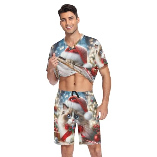 Mens Pajama Short Sleeve Pajama Set Lounge V Neck Nightwear 2 Pcs Pj Set, S-XXL3