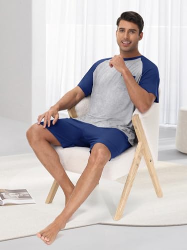 YOPUGEE Men's Pajama Set - Short Sleeve V-Neck Sleepwear, 2-Piece Lightweight Modal Pjs With Pockets, S-3XL