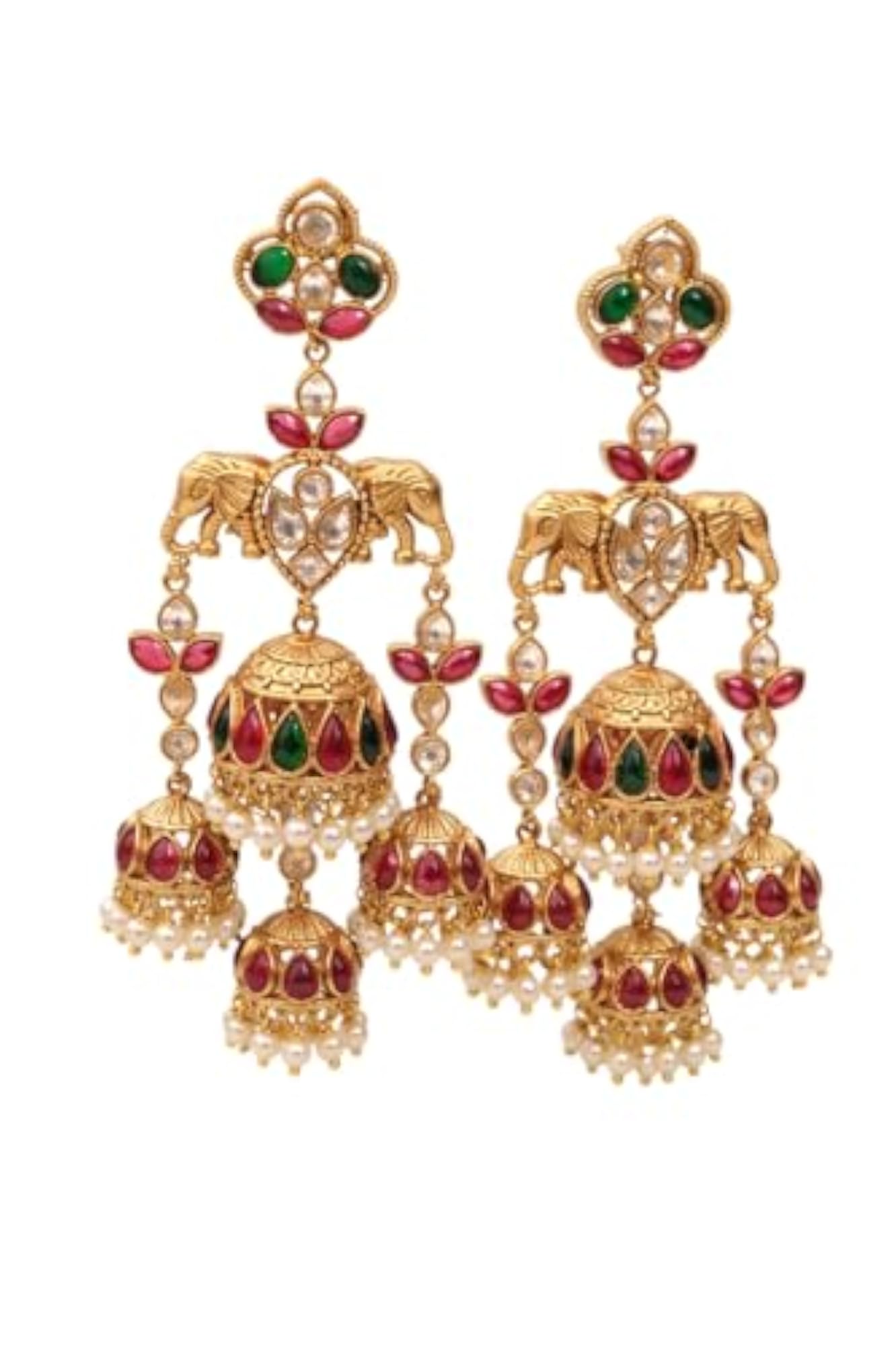 Gold Plated Elephant Motif Jhumka Earrings with Multicolor Kundan Stones