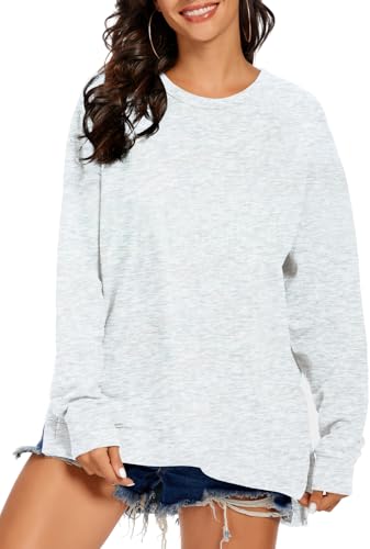 APEIYU Women Long Sleeve Sweatshirts Crew Neck Loose Fit Solid Color Side Split Knit Pullovers Sweatshirts White Flower Ash L