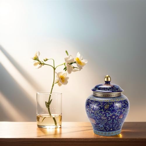 Niebieski chiński słoik imbirowy - porcelanowy dekoracyjny słoik do przechowywania z pokrywką do tradycyjnej dekoracji domu herbata suszone owoce płatki śniadaniowe - elegancki niebieski akcent