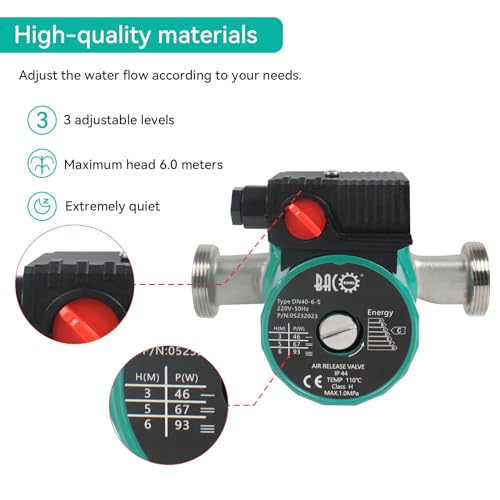 BACOENG Edelstahl Umwälzpumpe Heizungspumpe RS 25/6-180 Zirkulationspumpe für Zentralheizung 220V/ 50 Hz