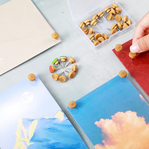 Gueevin 100 Pcs Wooden Push Pins Decorative Wood Thumb Tacks Map Tacks for Wall Hanging Bulletin Cork Foam Boards, Map Photos Calendar and Home Office Supplies with Box(Natural Wood)
