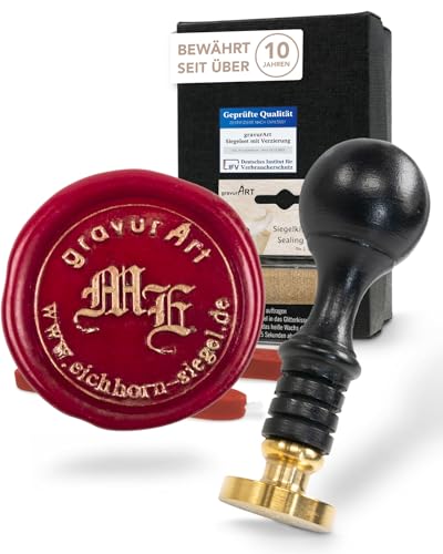 Siegelset gravurART, Siegelstempel personalisiert mit Initialen in Frakturschrift+ Rundtext, incl. 2 Stangen Siegelwachs und Siegelkissen, Wachssiegel Stempel personalisiert