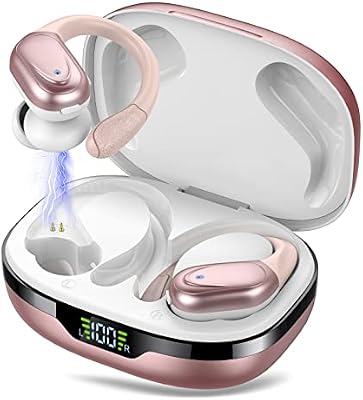 Auriculares Inalambricos, Auriculares Bluetooth 5.3 con Gancho de la Oreja, 60H de Reproducción, Pantalla LED, Llamada ENC HD, Profundamente Bajo, Ajuste Cómodo, IPX7 Impermeable(Oro Rosa)
