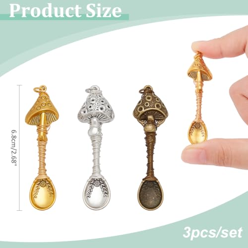 NBEADS 3 Pcs Alloy Mushroom Spoon Pendants, Wire Wrapped Necklace, Spoons for DIY Craft Jewelry Making 6.8cm Long - Image 2