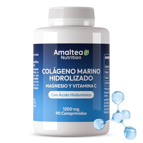 Colágeno Marino Hidrolizado 1200 mg con Magnesio, Vitamina C y Ácido Hialurónico - 90 Comprimidos: 3 Meses de suministro - Colágeno para Piel, Articulaciones, Cabello, Uñas - Marca Amaltea Nutrition
