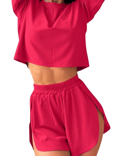 Image of Remidoo Women's Short Sleeve T Shirts And Shorts Side Slit Crewneck Pajamas Set Red X-Large