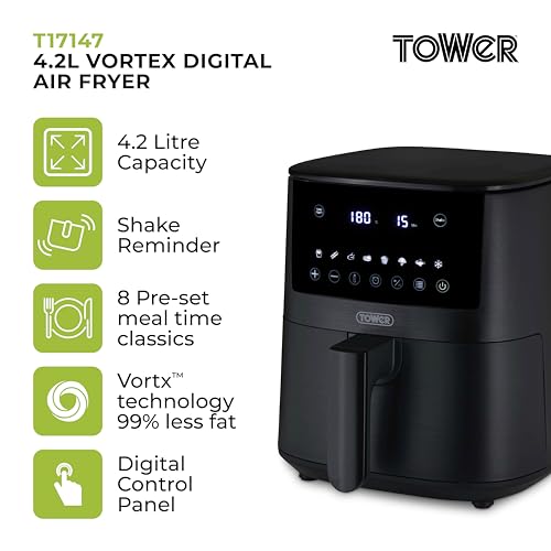Tower T17147 Vortx 4.2L Digital Air Fryer with 8 Cooking Presets, 60 Minute Timer, 1400W, Black - Image 3