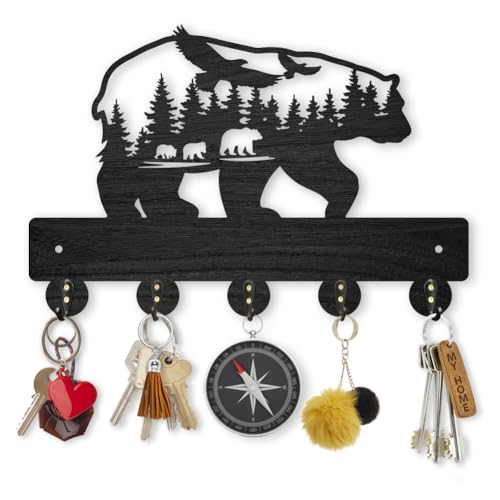 MAYJOYDIY Bear Forest Bird Decorative Wall Mount Key Holder 30×20cm Black Wooden Bear Forest Design Wildlife Animal Key Hanger Rack with 5 Alloy Hooks for Kitchen Bedroom Entryway Gifts