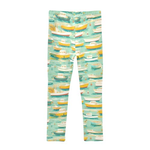 KLL White and Yellow Boats in Green Lake Pattern Little Girls Legging Stretchy Full Length Athleisure Pants Sports2