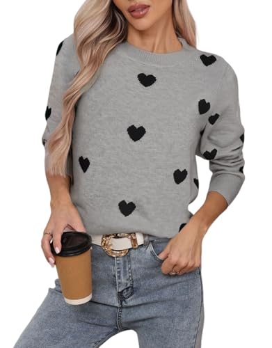 Women's Long Sleeve Crew Neck Pullover Sweaters Casual Lightweight Cute Heart Knitted Sweater