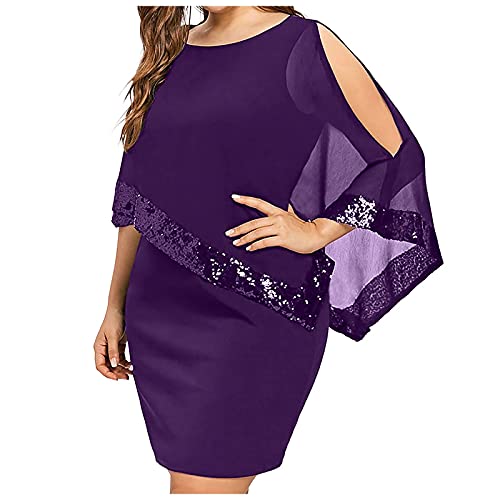 Loyalt Prom Dresses for Women,Women Sequin Chiffon Dress Plus Size Elegant Cold Shoulder Party Dress Ladies Formal Wedding Bridesmaid Gowns Cocktail Mother of The Bride Dress (Purple,XX-Large)