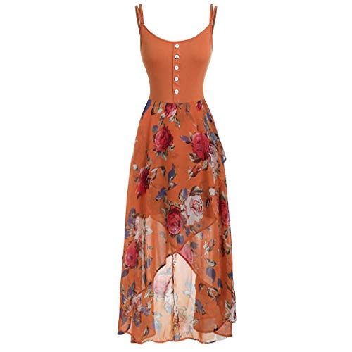 Redacel Women Plus Size Dress, Floral Print Patchwork Buttons Sleeveless Overlay High Low Dress (XL, Orange)