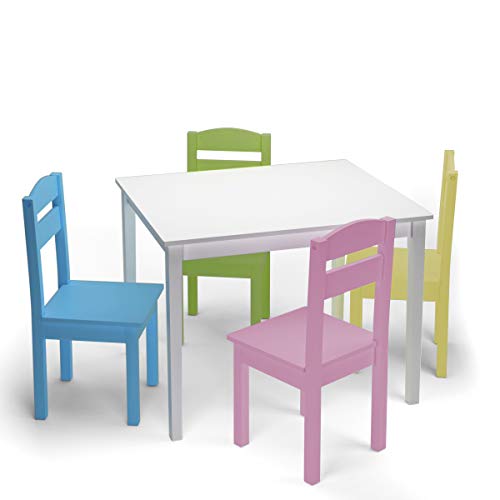 Nightcore Niños de madera 4, actividad 2 a 6 años, juego para niños, muebles de sala de juegos, picnic con sillas, madera maciza 5 piezas mesa de comedor, blanco y pastel