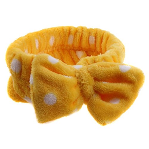 Wowlife Design New Top Sweet Lovely Coral Fleece White Dot Bow Headband Fashion Cute Bowknot Bow Makeup Cosmetic Shower Elastic Hair Band Hairlace Headband (Yellow)