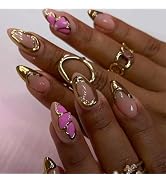 Gold Press on Nails Almond Fake Nails Short Pink Flower False Nails with Designs 3D Acrylic False...