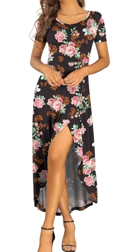 AYIFU Womens Summer Dresses High Low Slit Hem Casual Short Sleeve Maxi Dress with Buttons