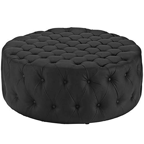 Hawthorne Collections Leather Button-Tufted Round Ottoman In Black #TOP6