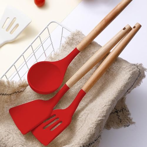 Image of Silicone Spatula Set of 3 - Wooden Handle Kitchen Tools (Red, White,Black,Blue, Green) - Heat Resistant, Non-Stick, Cooking & Mixing Spatulas for Non-Stick Pans (RED)