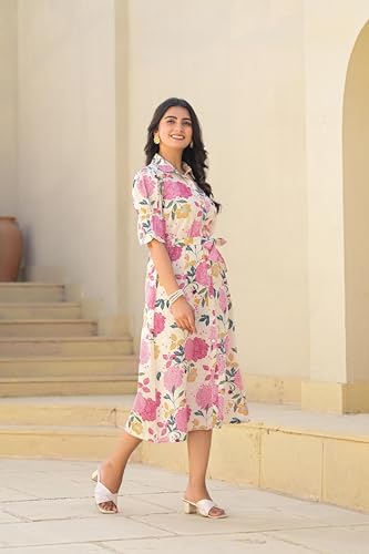 Image of Juniper Pink Floral Printed Cotton Long Dress with Belt