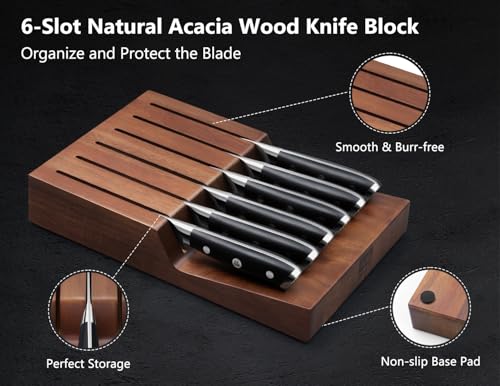 Image of SHAN ZU Steak Knife of 7, 4.5 Inch Damascus Steak Knife Set with Block