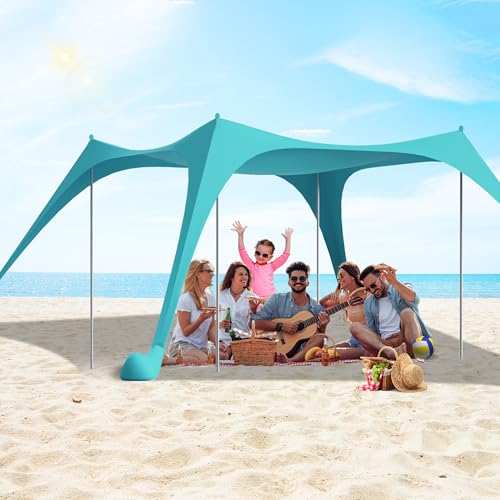 ERFEI Beach Tent Sun Shelter UPF50+ with Sandbags, Sand Shovel & Windproof Poles - Portable Pop Up Canopy for Beach, Camping, Picnics, Backyard & Fishing (Cyan,10x10FT)
