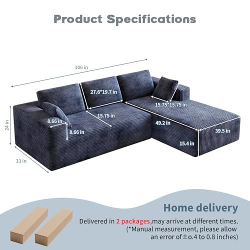 Image of 106 inch Corduroy Sectional Couch, Boneless L Shaped Couch with Deep Seat, Cloud Foam Sofa with Oversized Chaise, Sectional Sofa No Assembly Needed for Living Room