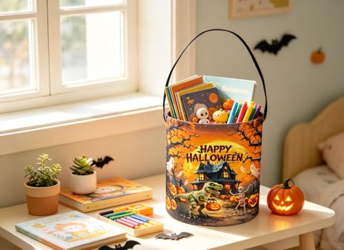 Image of Halloween Bucket for Trick or Treat Kids Halloween Pumpkin Bucket Halloween Candy Snack Baskets Pumpkin Halloween Party Decoration (Ghost Dinosaur)