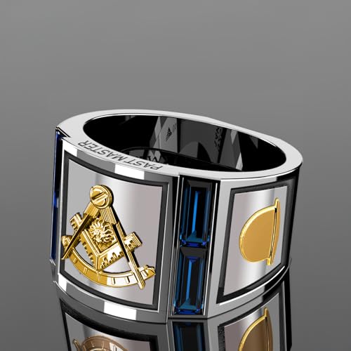 US Jewels Men's 925 Sterling Silver & 10k or 14k Gold Lab-Created Sapphire Past Master Masonic Ring, Sizes 8 thru 143