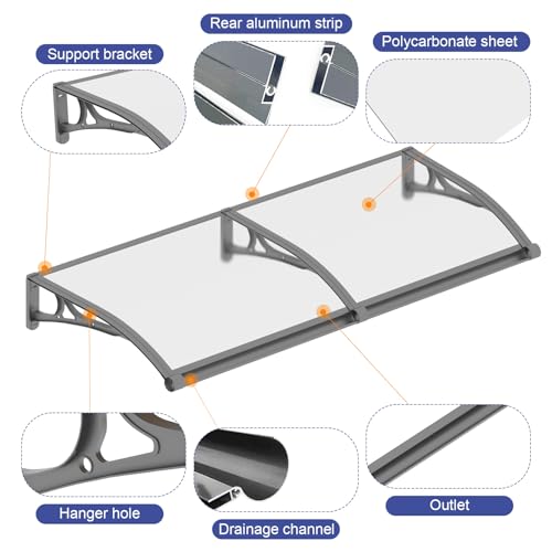Door Awning Window Canopy with Drainage, 48x60 Inch Solid Polycarbonate Awnings for Outside, Porch, Patio, Deck, Sun Shade UV,Rain,and Snow Protection, Aluminum Alloy Bracket by DAWNINGHOMM - Image 6