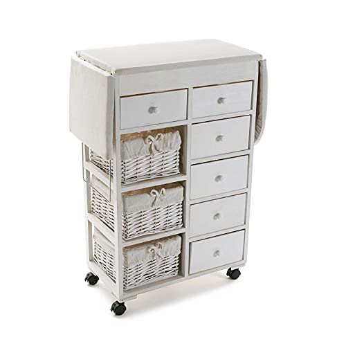 DRW Mueble planchador Grande con alas abatibles y cestos de Mimbre Blanco 121x32x84 cm