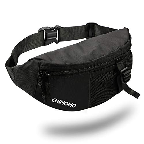 CHIMOMO Premium Water Resistant Fanny Pack,Adjustable Belt Black Waist Bag, Hip Bum Bag Multiple Compartments Suitable for Men and Women Festivals Outdoors Travel Running Sports