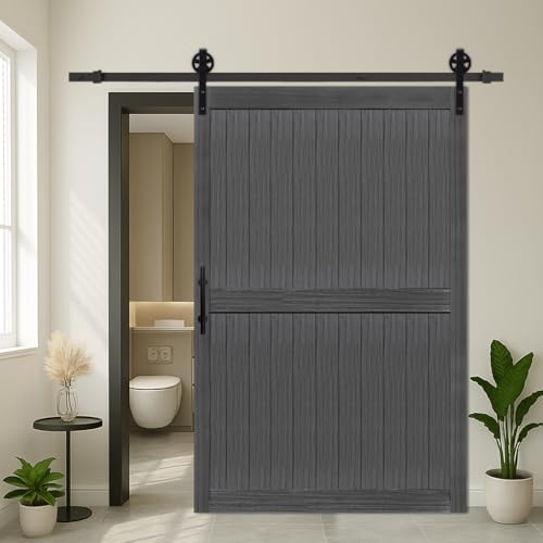 S&Z TOPHAND® 54in x 84in MDF Deep Gray Barn Door with 10FT Sliding Door Hardware Kit, 24-60in Solid Barn Door Slab Covered with Water-Proof PVC Surface, Simple Assembly is Required(Big Wheel)