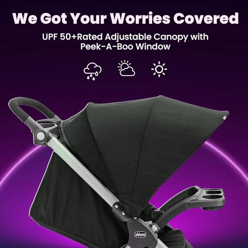 Chicco Bravo Quick Fold Stroller, Pram for 0-5 years New Born / Baby / Toddler / Kid (Boy,Girl), Linked Brakes, Large Wheels with Suspension, One-hand Smart Fold, Child and Parent Trays, Big Storage Basket, Compact, Sturdy and Premium Finish, Large Extendable UPF Rated Canopy (Upto 22 Kgs, Black)
