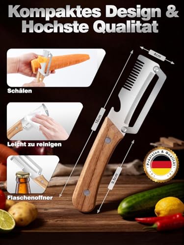 Foto von Multifunktionaler Gemüseschäler 2-in-1 Sparschäler aus Edelstahl mit Holzgriff & Flaschenöffner, Müheloses Schälen von Obst und Gemüse, Schäler mit Präzisionsklinge für Kartoffeln, Kartoffelschäler