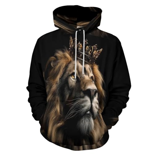 Sweat à capuche lion homme avec motif couronne vintage imprimé 3D et poche