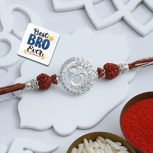 Image of eCraftIndia Om Rudraksha Rakhi for Brother Bhaiya Bhai with Best Bro Ever Fridge Magnet | Roli Chawal Pack