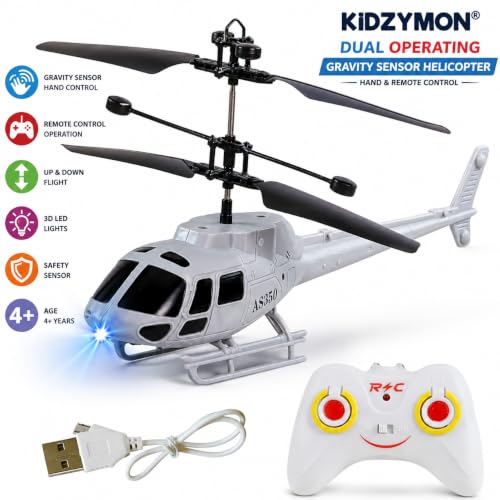 Image of New Age RC Flying Helicopter for Kids | Hand Gravity Sensor, Auto Safety Sensor, USB Rechargeable, Bright 3D LED Lights | Indoor Remote Control Helicopter Toy | Red | Age 4+ Years (Millitary)