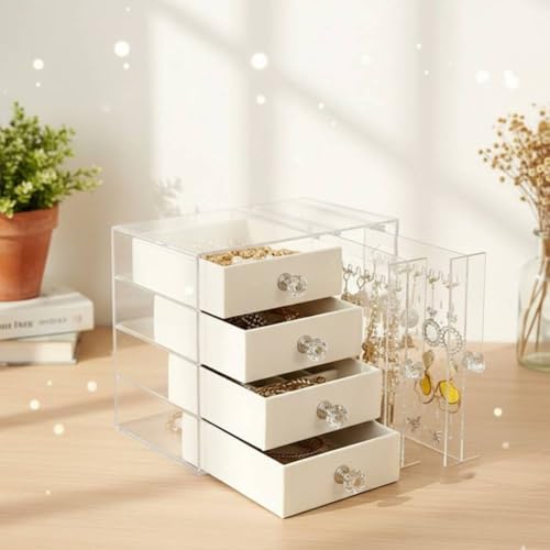 iimono117 アクリルネックレス・ピアスケース スライド式 幅10×奥行13×高さ18cm 大容量 縦型 吊り下げ 3層引き出し ジュエリーボックス 透明 アクセサリー収納 引き出し (B)