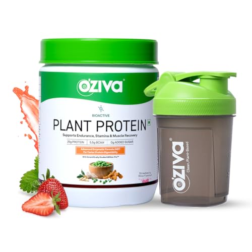 Image of OZiva Bioactive Plant Protein (Strawberry with shaker) | 25g Protein,5.5 BCAA| Pea Isolate| Plant based Protein Powder for Women & Men | Essential Amino Acids| Vegan, Sugar free, 500g