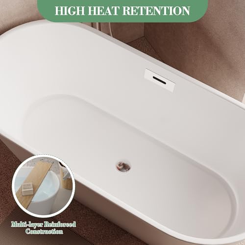 67 Inch White Acrylic Freestanding Bathtub Modern Soaking Tub with Chrome Drain and Overflow Cover Stand Alone Bath Tub for Bathroom Home Spa by PeakPursuit - Image 5