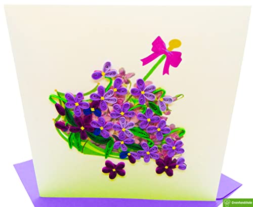Basket Of Violets, Quilled Card, Quilling Card 3D - Unique Dedicated Handmade, Design Greeting Card For Birthday, Valentine's Day, Mothers Day, Spring, Fathers Day, Graduation, Wedding, Anniversary, Thank You, Get Well, All Occasion | 6" X 6" #TOP6
