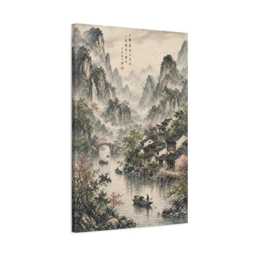 Toile montagne chinoise de 50x75 cm suspendue dans un salon chic