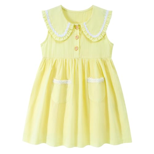 Image of HILEELANG Girls Cotton Dress Sleeveless Peter Pan Collar with Pockets | Soft Cotton, Functional Buttons, Front Pockets, Peter Pan Collar, Ric Rac Trim for Toddler & Little Girls