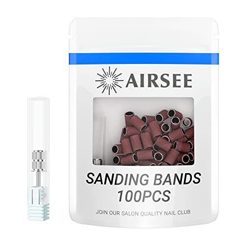 Airsee 100Pcs Sanding Bands 180 Grit Professional Nail Manicure Electric File Sand Piece Set With 1 Mandrel, Great Fit For Nail Drill Bits Working On Acrylic Nails #TOP5